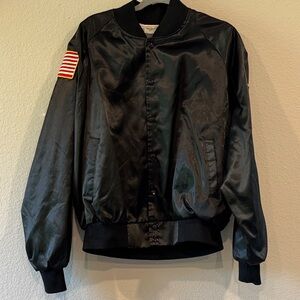 Vintage 1980s–1990s Black Bomber Jacket with Flag Patch